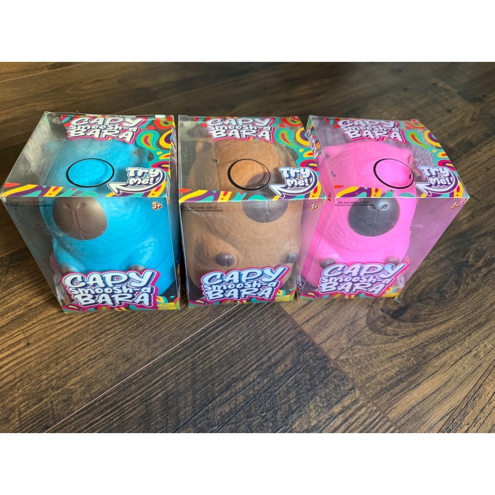 Capy Smoosh-a-Bara Squishy Toy 3 Pack Blue Brown Pink Capybara Fidget Slow Rise